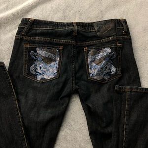 Ed Hardy cyber y2k grunge rhinestone bedazzled skull heart low rise jeans